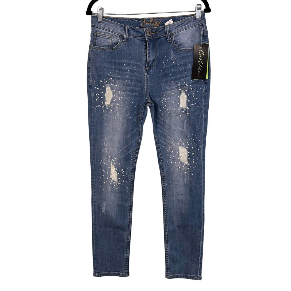 Cartise Skinny Jeans Womens Size 6 Blue Denim Pearls Rhinestones Distressed NWT